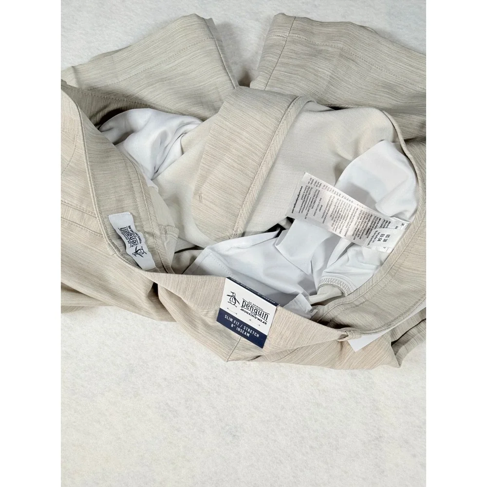 Original Penguin Mens 38 Golf Shorts Travertine Tan Slim Fit Stretch 8in Inseam